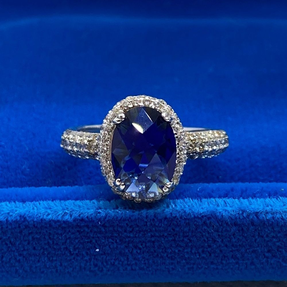 💛 925 Blue Sapphire & CZ Halo Ring